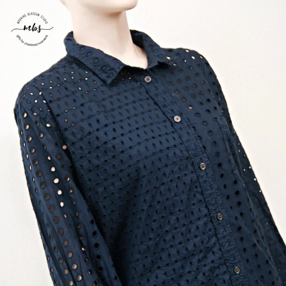 J. Crew Classic Fit Eyelet Button Down Cotton Shirt With Camisole Navy Women‎ 3X